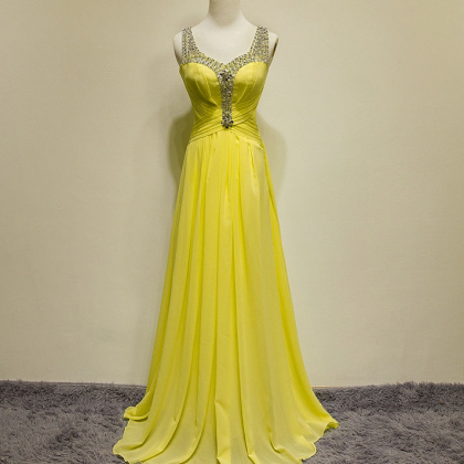 Yellow Chiffon Prom Dresses, Beading Prom Dress,..