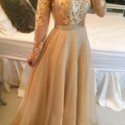 Long Sleeve Prom Dress, Gold Prom Dresses, Lace..