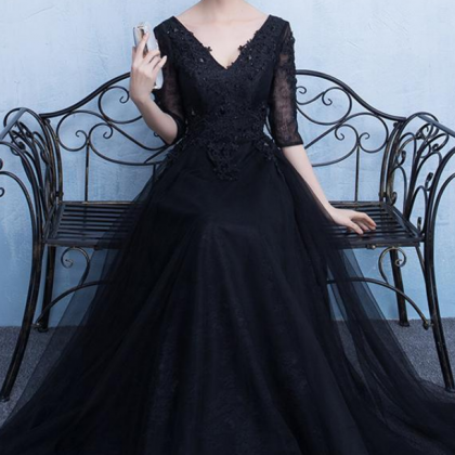 Black Half Sleeves Lace V Neck Prom Dresses..