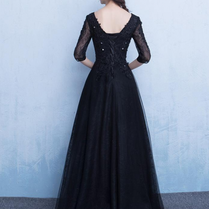 Black Half Sleeves Lace V Neck Prom Dresses..