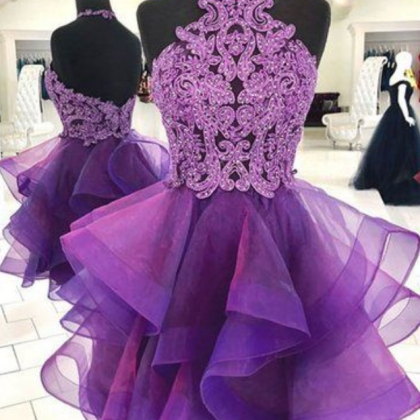 Cute Purple Tulle Lace Short Prom Dress, Purple..
