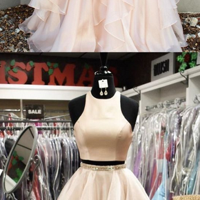 Modest Two Piece Pearl Pink Long Prom Dresses,..