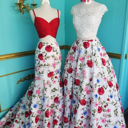 Two Piece Mermaid Floral Printed Prom Dresses Red..