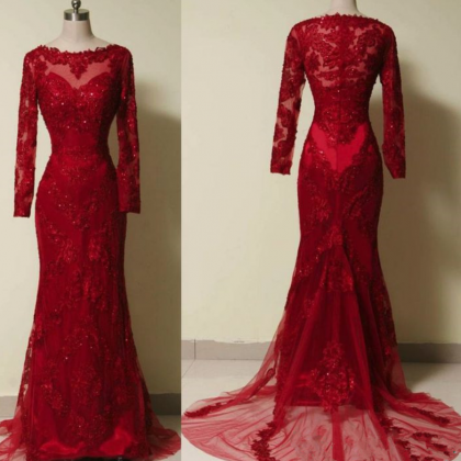 Style Backless Lace Red Prom Dresses With Long..
