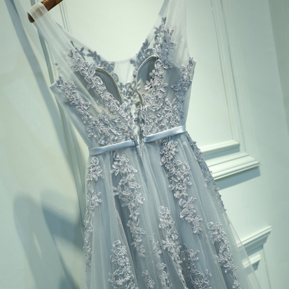 V Neckline Grey Lace Evening Prom Dresses, Tulle..