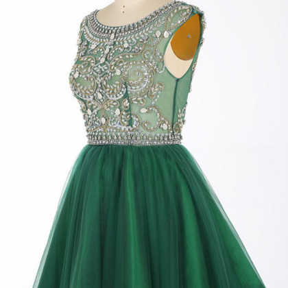 Green Beaded Embellished Round Neck Sleeveless Short Tulle Homecoming ...