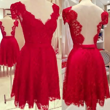 Short Red Homecoming Dress A Line V Neckline With..