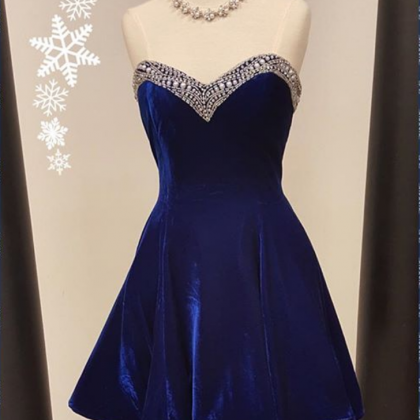 Simple A-line Short Royal Blue Velvet Prom Dress..