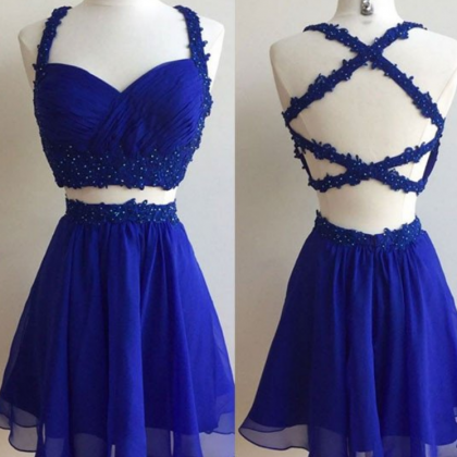 Simple A-line Two Piece Royal Blue Short Prom..