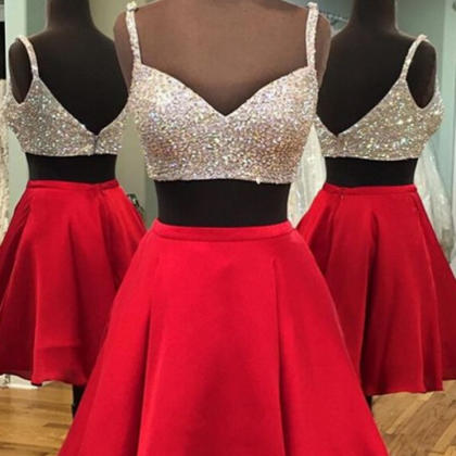 Two Piece Short Red Homecoming Dress With Sparkly..