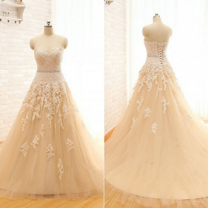 Champagne Floor Length Lace Tulle A-line Wedding..