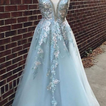 A Line Spaghetti Straps Light Blue Prom Dress With..