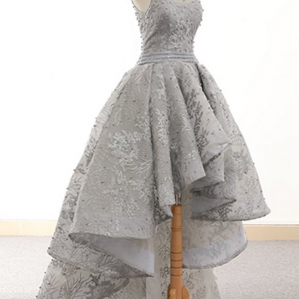 Gray Lace Prom Dress,scoop Neck, High Low..