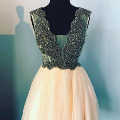 Cute V Neck Champagne Tulle Beads Short Prom..