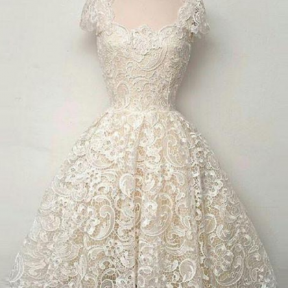 Cute White Lace Short Prom Dress, Lace Bridesmaid..