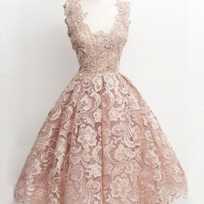 Cute Light Pink Lace Short Prom Dress, Lace..