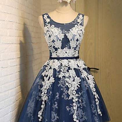 Cute Round Neck Lace Tulle Dark Blue Short Prom..