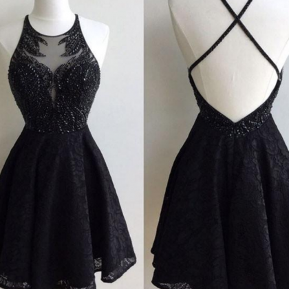 Black Lace Beaded Short Prom Dress, Cute Black..