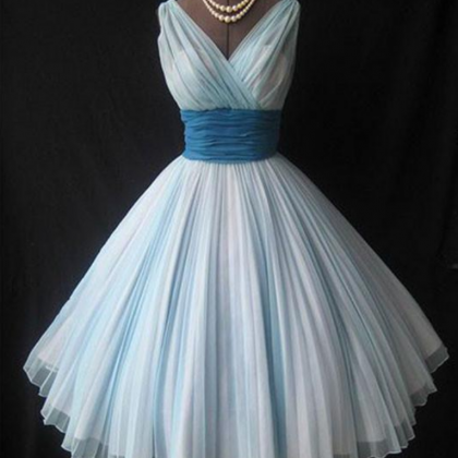 Cute Retro V Neck Blue Short Prom Dress,..