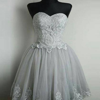 Cute Gray Tulle Lace Short Prom Dress, Gray..