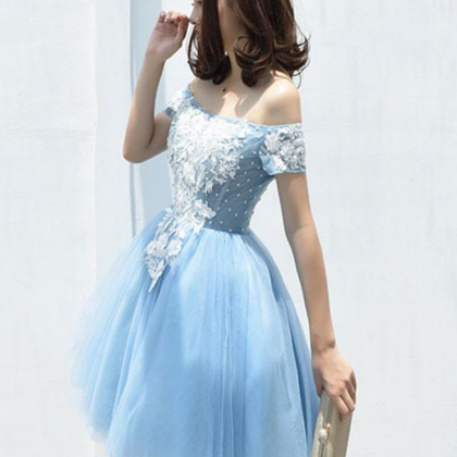 Cute Tulle Blue Lace Applique Short Prom Dress,..