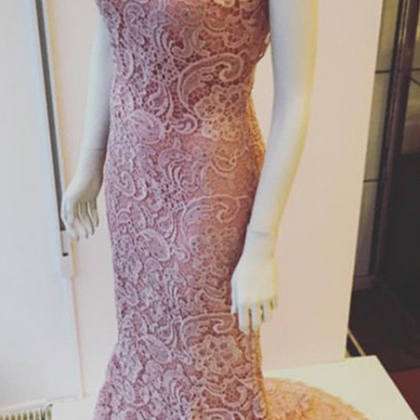 Elegant Pink Lace Prom Dress, V-neck Mermaid Prom..