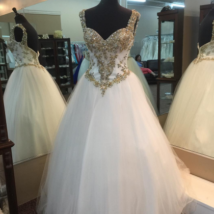 Gold Beading Sweetheart White Organza Ball Gowns..