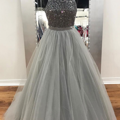 2018 Gray Tulle Long Sliver Sequins Prom Dresses,..