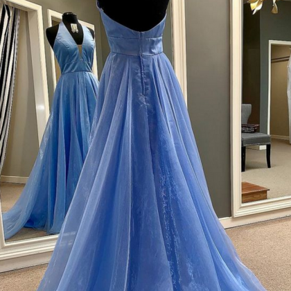 Charming Blue A Line Backless Halter Prom Dress,..