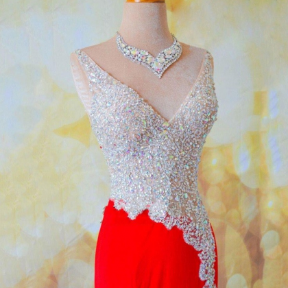 Sexy Red Prom Dresses V Neck Shining Crystal Open..