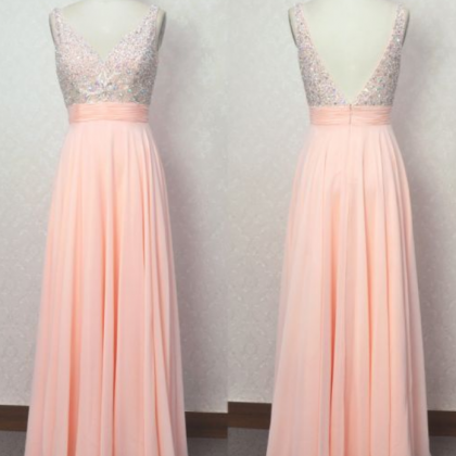 Beaded V-neckline Prom Dresses,blush Pink Evening..