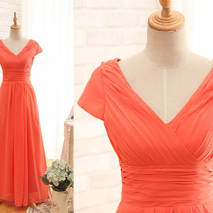 Short Sleeves V-neckline Orange Bridesmaid..
