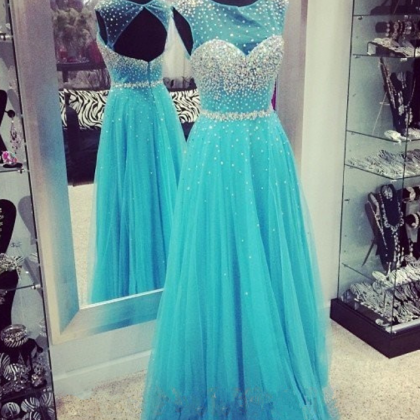A-line Tulle Beaded Open Back Prom Dress,blue..