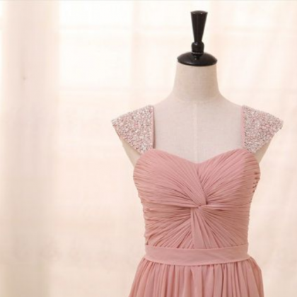 Beaded Cap Sleeves Prom Dress, Blush Pink..