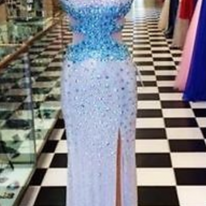 Sexy Long High Slit Beaded Crystals Backless Prom..