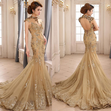 Long Backless Champagne Party Prom Dresses..
