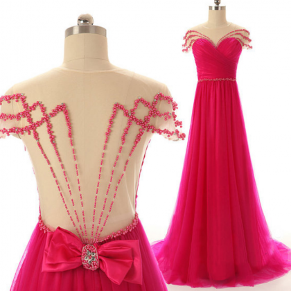 Long Pink Beaded Cap Sleeves Prom Party Dresses..