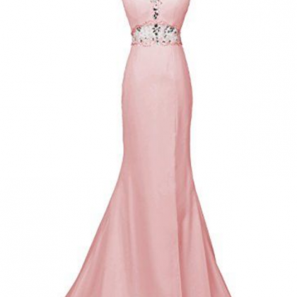 Blush Pink Halter Beaded Mermaid Long Prom Dress,..