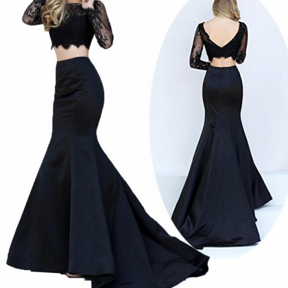 Black Two Pieces Long Sleeves Lace Sexy Prom Dress..