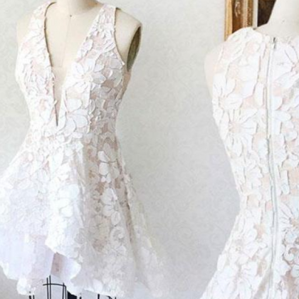 White Lace Short Prom Dress, Lace Homecoming Dress