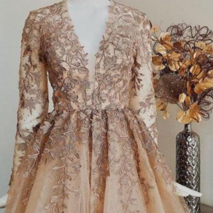 Champagne V Neck Lace Tulle Short Prom Dress,..