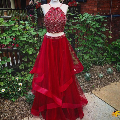Red Prom Dresses,2 Piece Prom Gown,two Piece Prom..