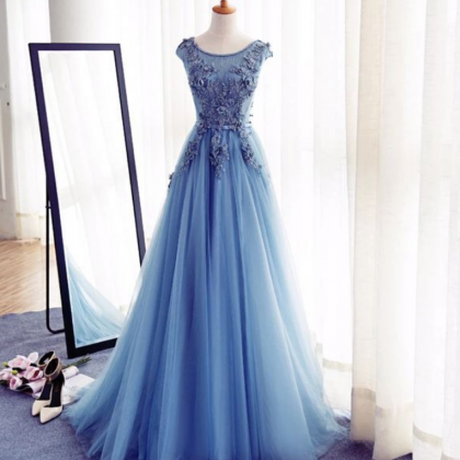 Prom Gownblue Floor Length Tulle A-line Prom Gown..