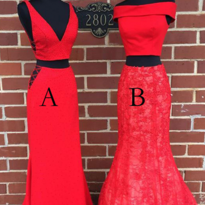 Off The Shoulder A/b Two Piece Red Prom Dresses,