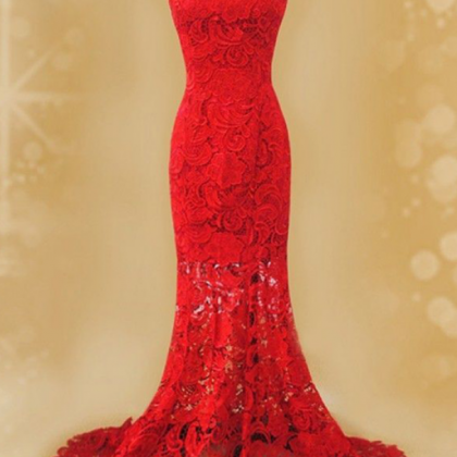 Red Lace Prom Dress, Mermaid Prom Dress, High Neck..