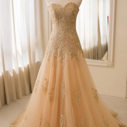 Strapless Champagne Wedding Dress,appliques..