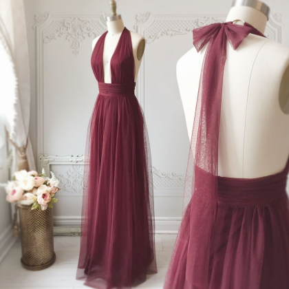 Halter Neckline Burgundy Tulle Prom Dress, A-line..