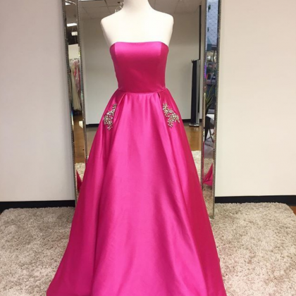 A-line Strapless Fuchsia Prom Dress,long Prom..