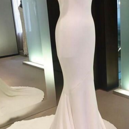Off Shoulder Backless Prom Gown, White Prom..