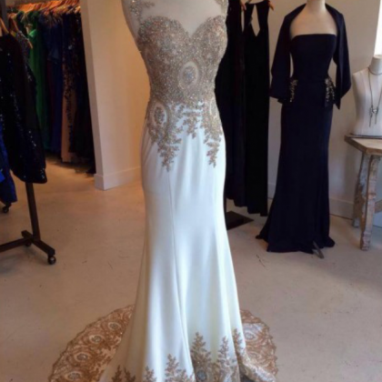 Long White Prom Dress, Charming Applique Prom..